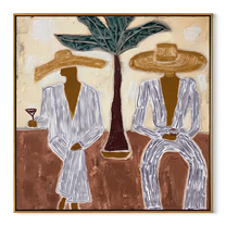Palm Stands Between Brims - striped resort couple painting by Claire Whitmore, modern coastal square wall art - wood frame on white background