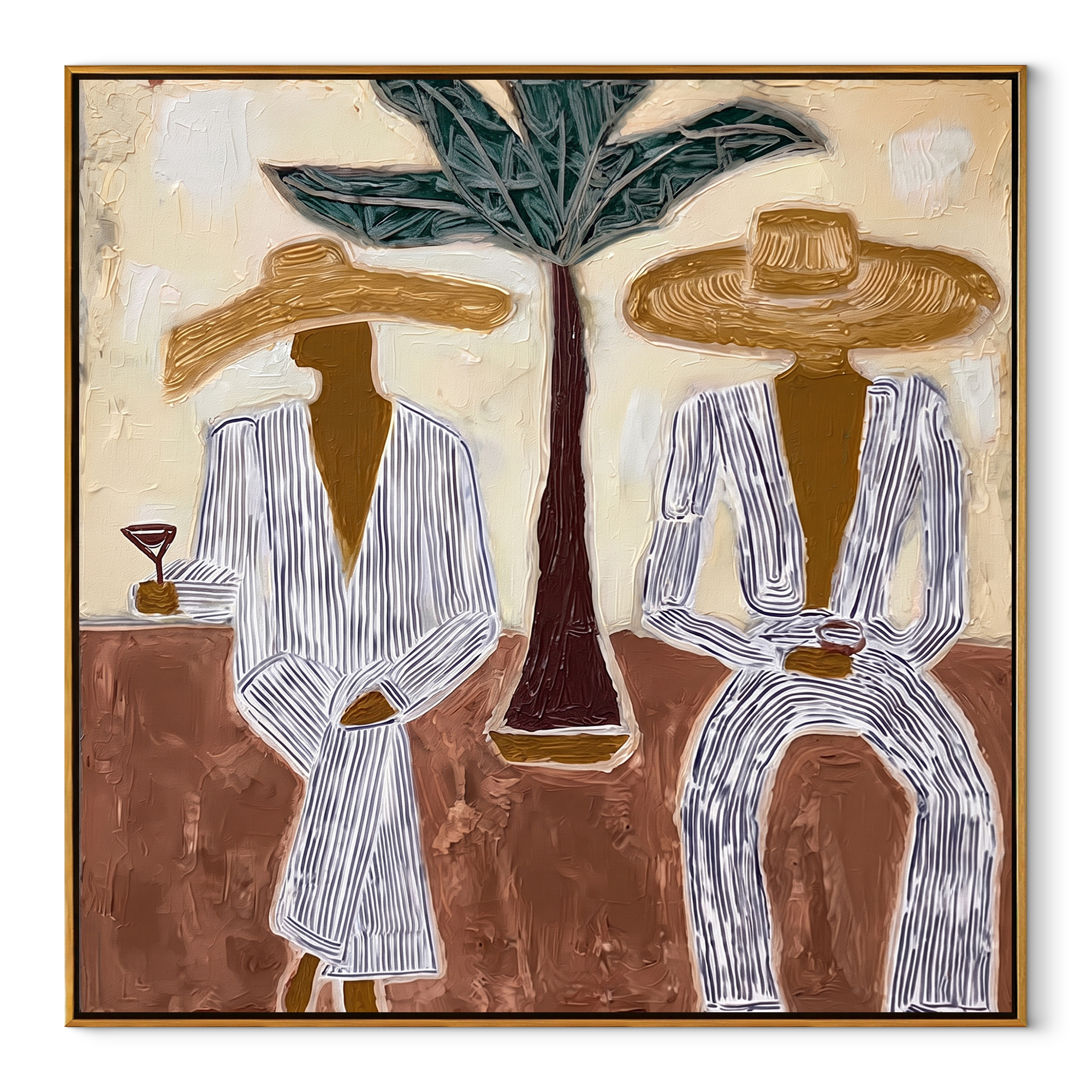 Palm Stands Between Brims - striped resort couple painting by Claire Whitmore, modern coastal square wall art - wood frame on white background