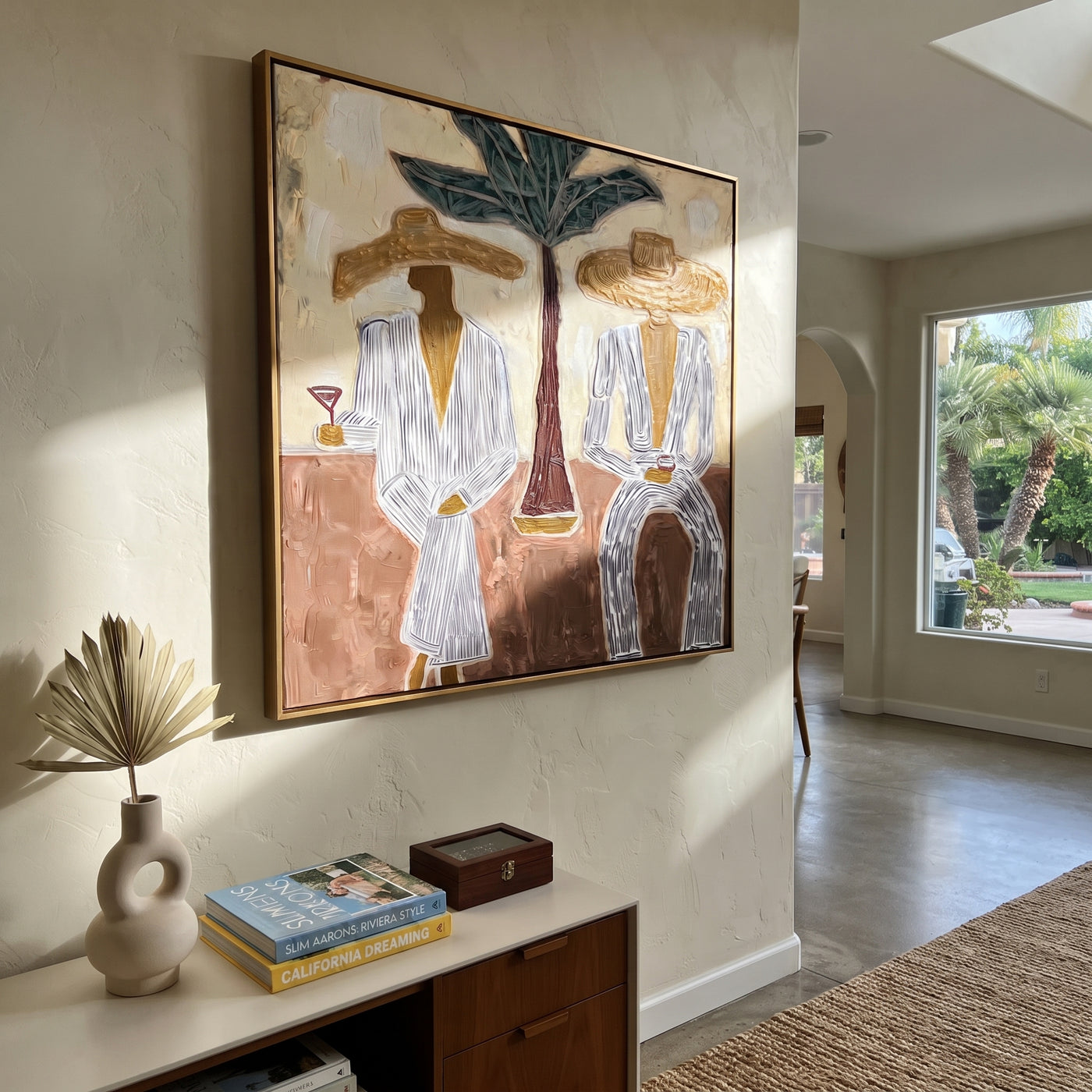 Palm Stands Between Brims - striped resort couple painting by Claire Whitmore, modern coastal square wall art - styled room scene view 2