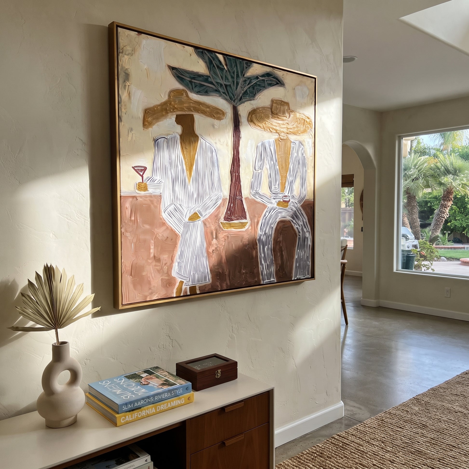 Palm Stands Between Brims - striped resort couple painting by Claire Whitmore, modern coastal square wall art - styled room scene view 2