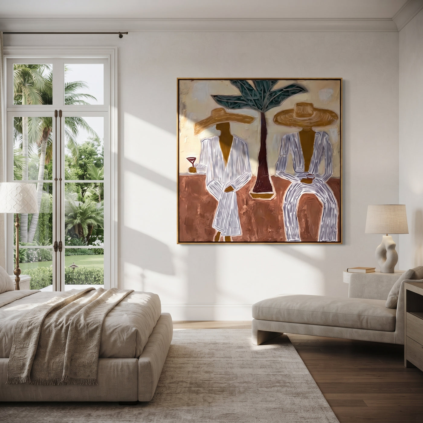 Palm Stands Between Brims - striped resort couple painting by Claire Whitmore, modern coastal square wall art - styled room scene view 3