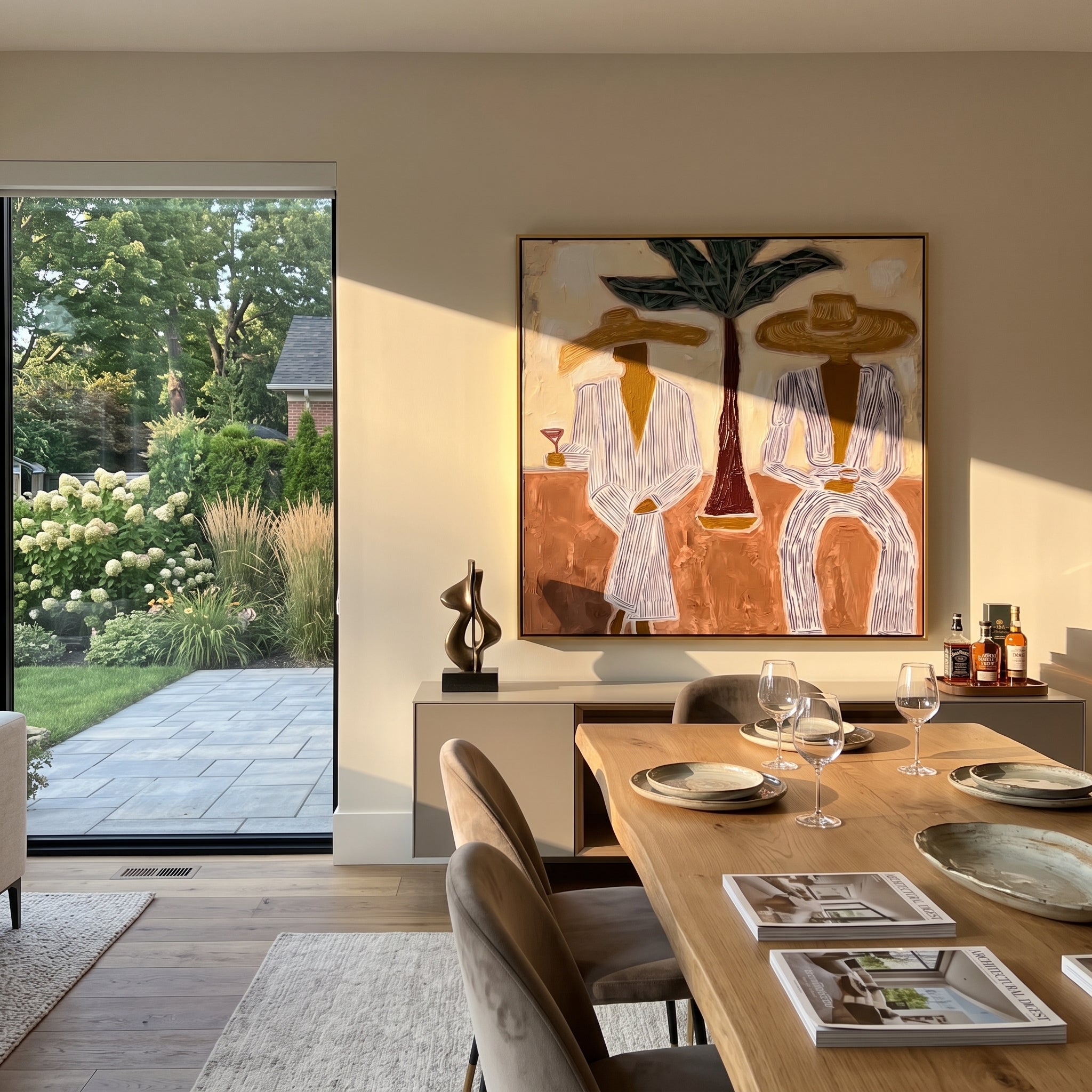 Palm Stands Between Brims - striped resort couple painting by Claire Whitmore, modern coastal square wall art - styled room scene view 4