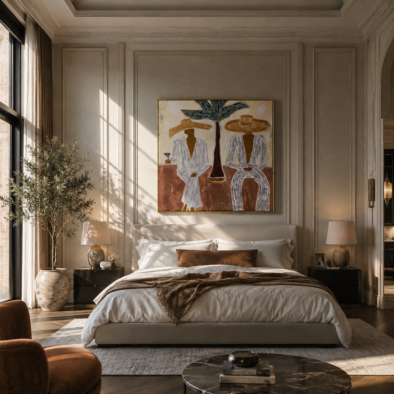 Palm Stands Between Brims - striped resort couple painting by Claire Whitmore, modern coastal square wall art - styled room scene view 5