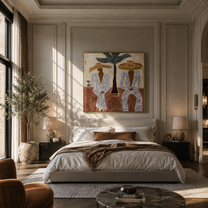 Palm Stands Between Brims - striped resort couple painting by Claire Whitmore, modern coastal square wall art - styled room scene view 5