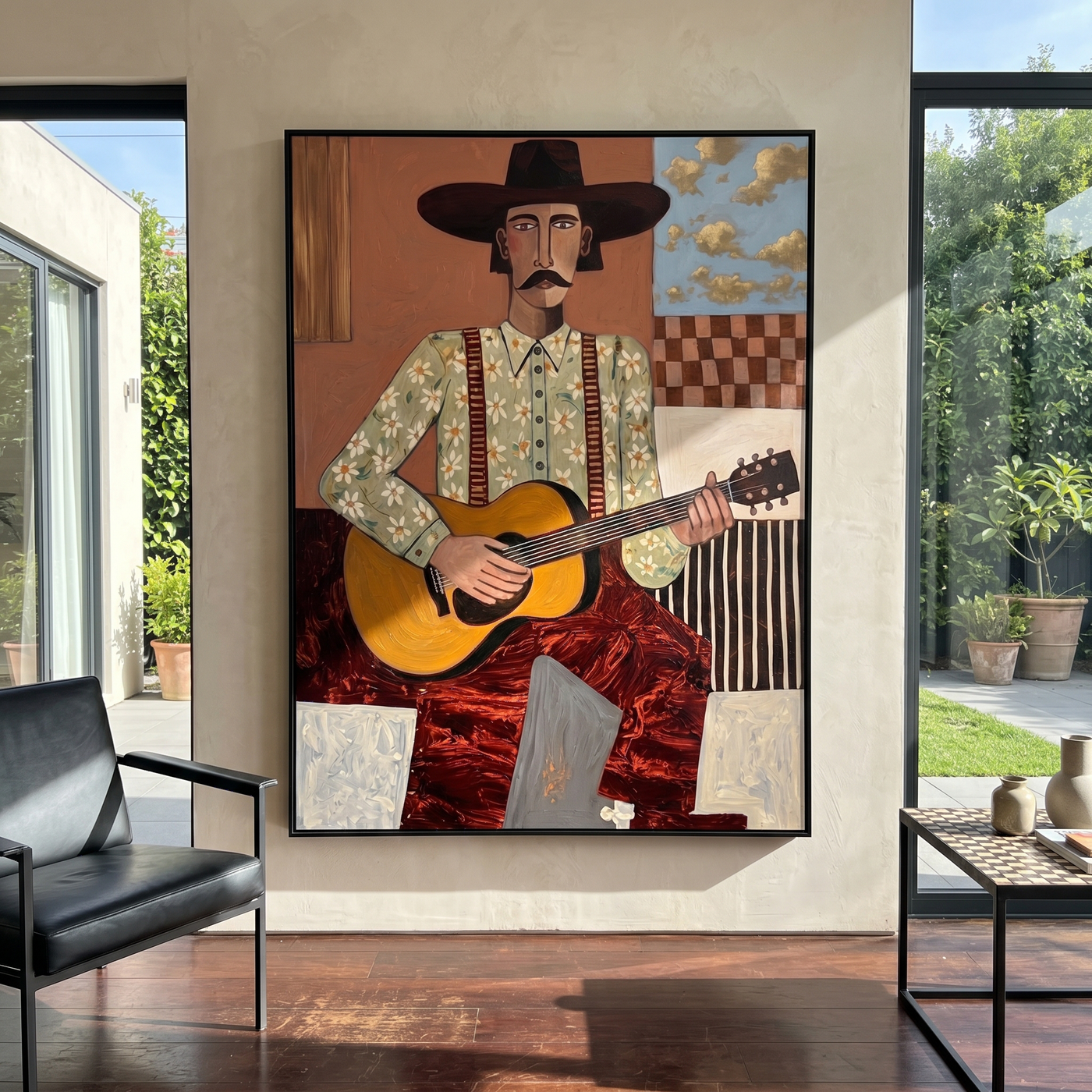 Blue Drift – brown and black modern folk art cowboy & cowgirl art, vertical hand-painted canvas art – view 2