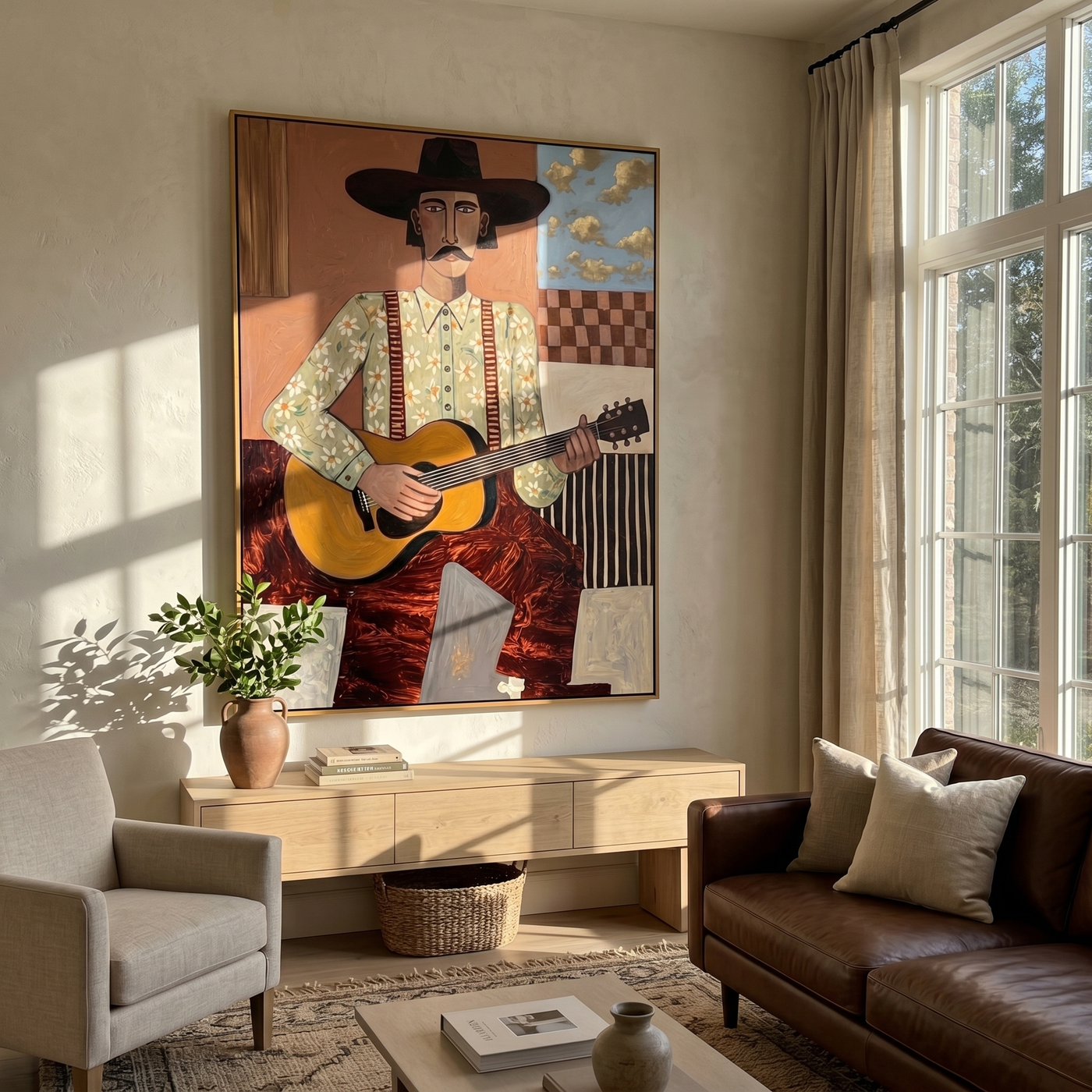 Blue Drift – brown and black modern folk art cowboy & cowgirl art, vertical hand-painted canvas art – view 3