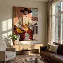 Blue Drift – brown and black modern folk art cowboy & cowgirl art, vertical hand-painted canvas art – view 3