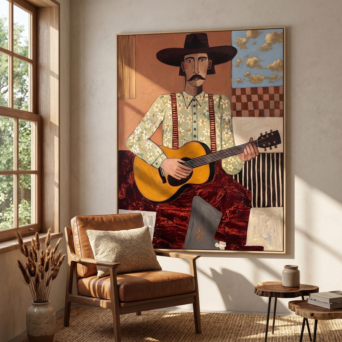 Blue Drift – brown and black modern folk art cowboy & cowgirl art, vertical hand-painted canvas art – view 4