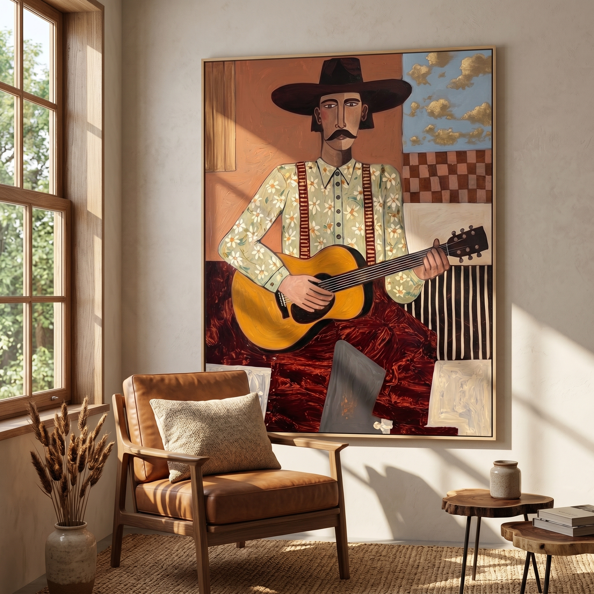 Blue Drift – brown and black modern folk art cowboy & cowgirl art, vertical hand-painted canvas art – view 4