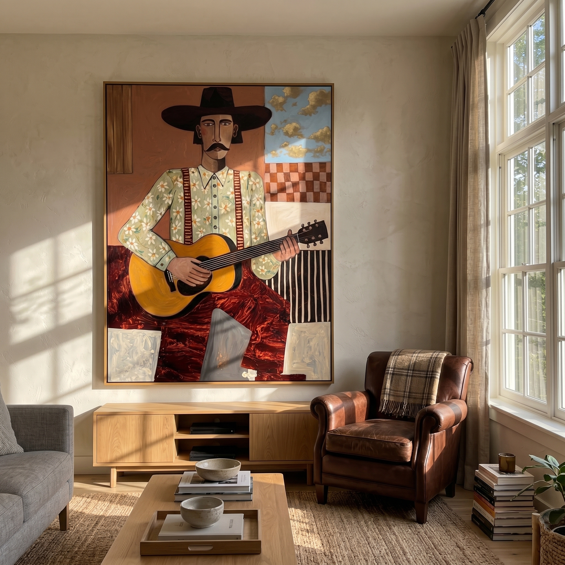 Blue Drift – brown and black modern folk art cowboy & cowgirl art, vertical hand-painted canvas art – view 5