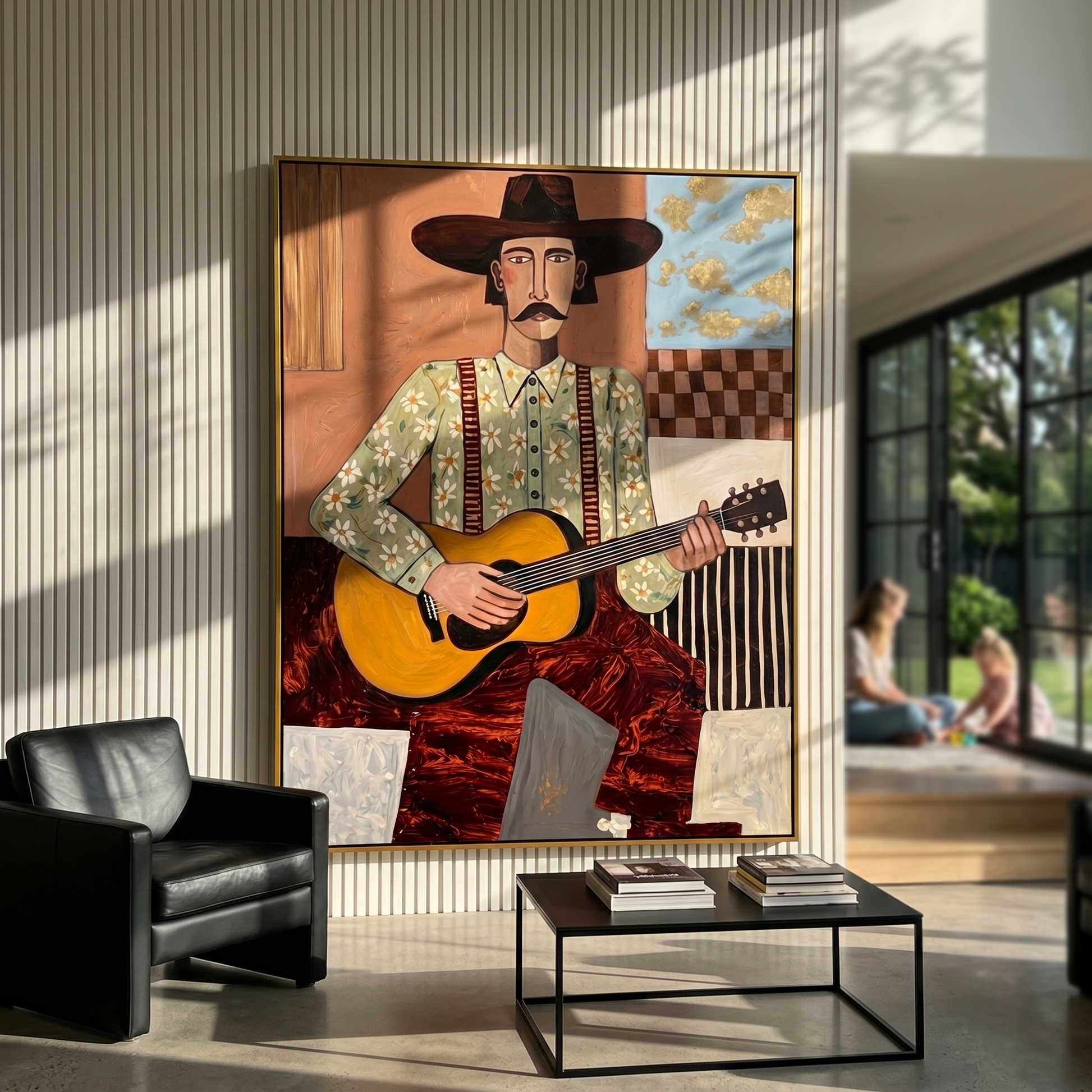 Blue Drift – brown and black modern folk art cowboy & cowgirl art, vertical hand-painted canvas art – view 6