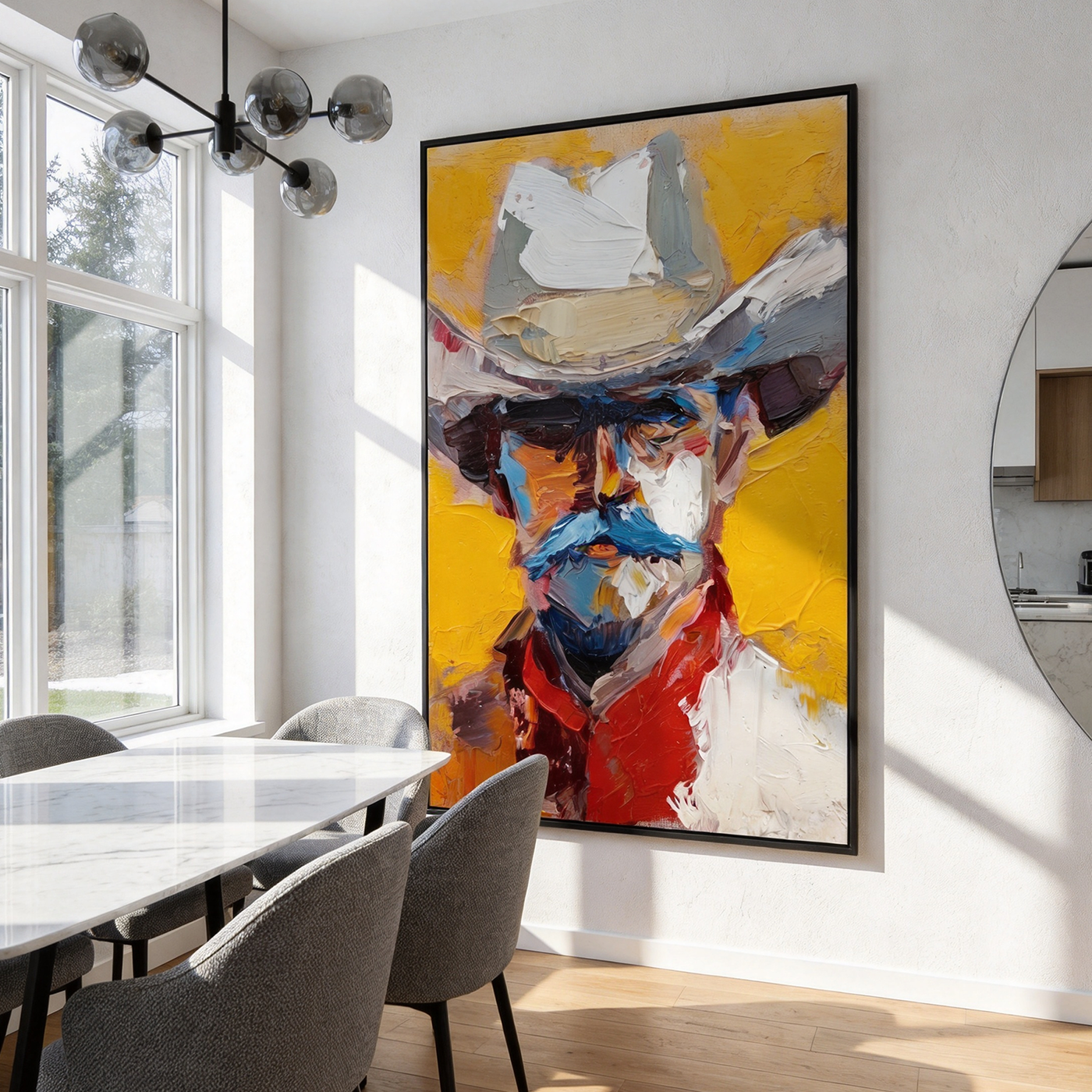 Desert Journey – brown and gold and gray modern folk art cowboy & cowgirl art, vertical hand-painted canvas art – view 2