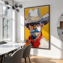 Desert Journey – brown and gold and gray modern folk art cowboy & cowgirl art, vertical hand-painted canvas art – view 2