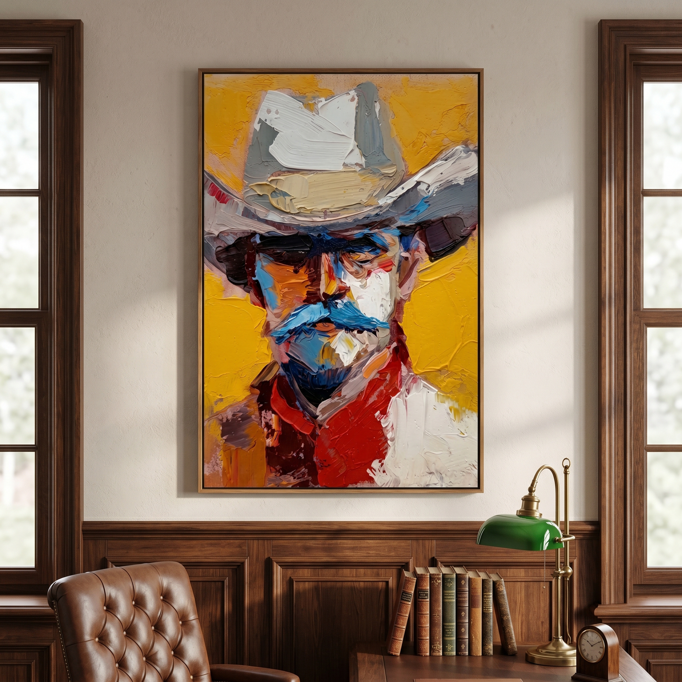 Desert Journey – brown and gold and gray modern folk art cowboy & cowgirl art, vertical hand-painted canvas art – view 4