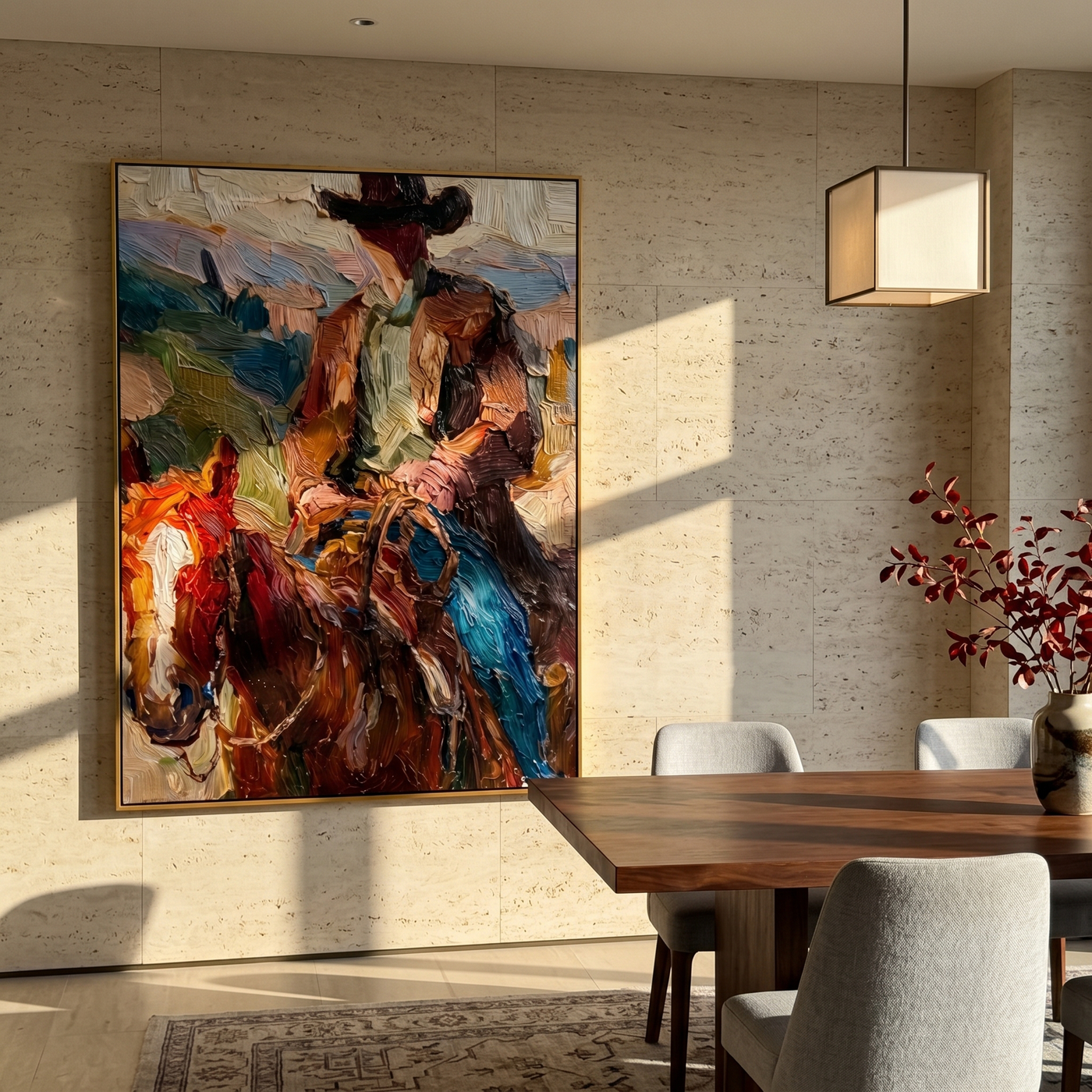 Golden Song – brown and black modern folk art cowboy & cowgirl art, vertical hand-painted canvas art – view 2