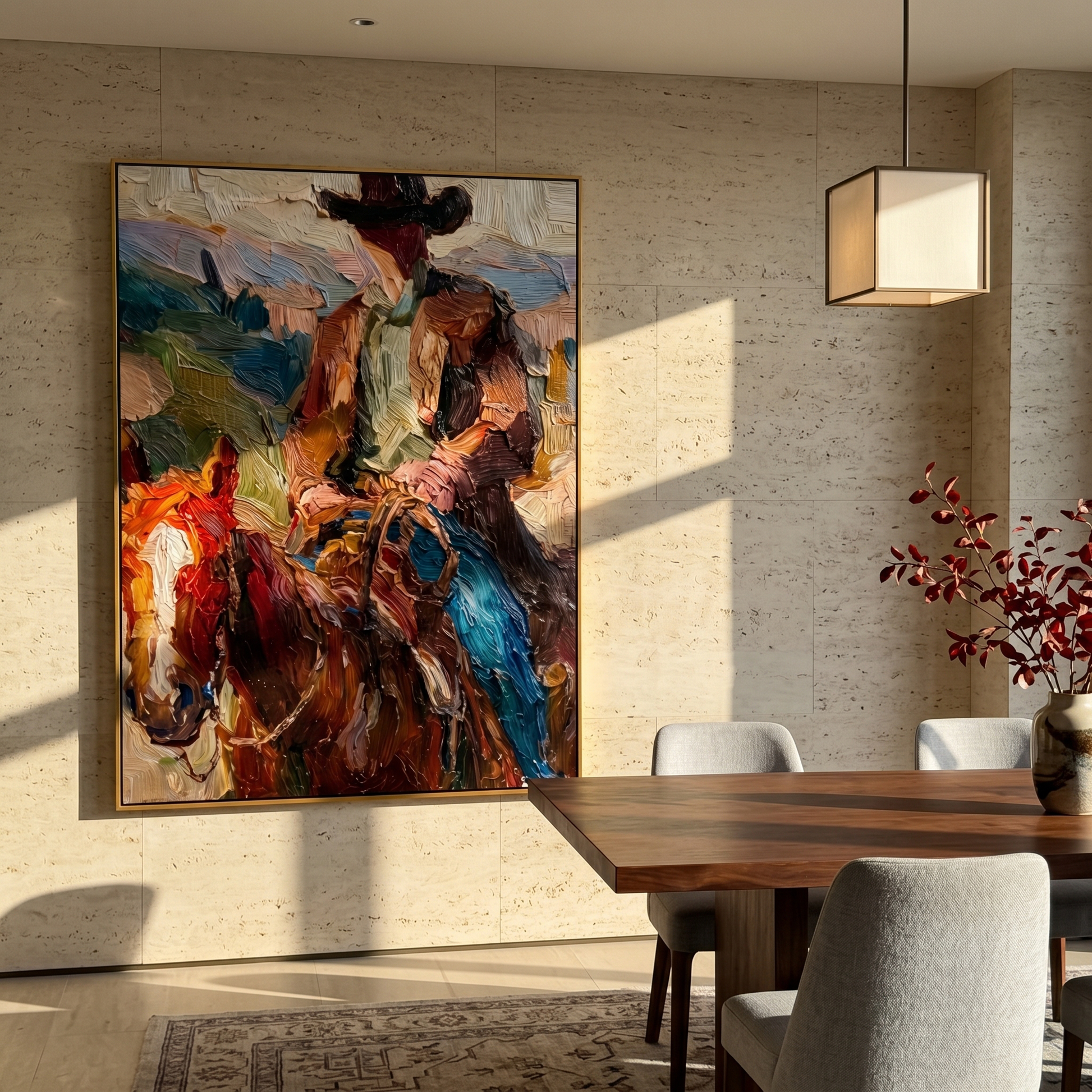 Golden Song – brown and black modern folk art cowboy & cowgirl art, vertical hand-painted canvas art – view 2
