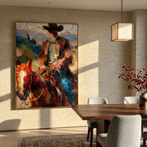 Golden Song – brown and black modern folk art cowboy & cowgirl art, vertical hand-painted canvas art – view 2