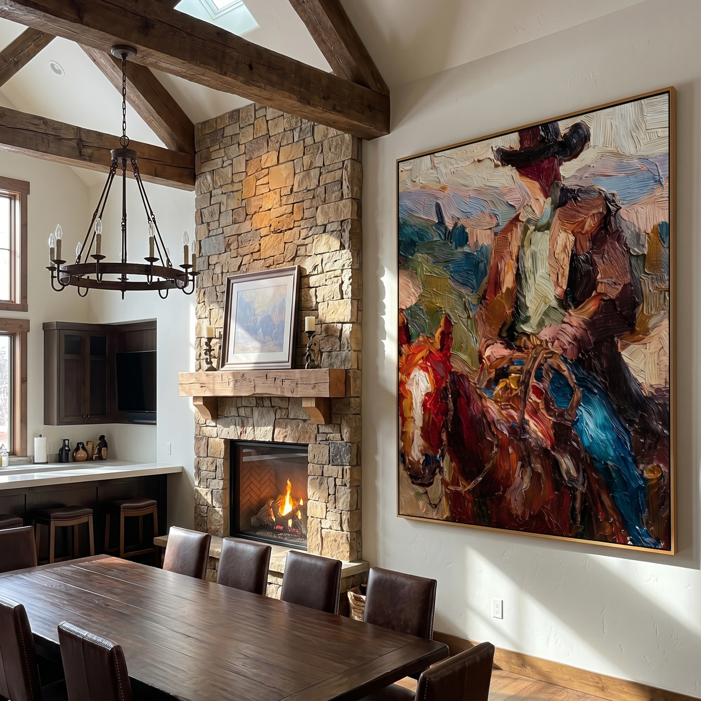 Golden Song – brown and black modern folk art cowboy & cowgirl art, vertical hand-painted canvas art – view 3