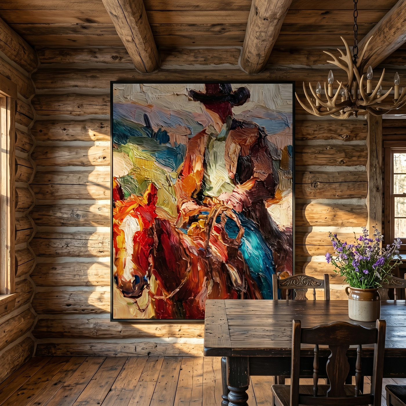 Golden Song – brown and black modern folk art cowboy & cowgirl art, vertical hand-painted canvas art – view 4