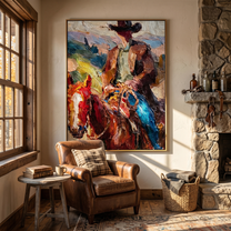 Golden Song – brown and black modern folk art cowboy & cowgirl art, vertical hand-painted canvas art – view 5