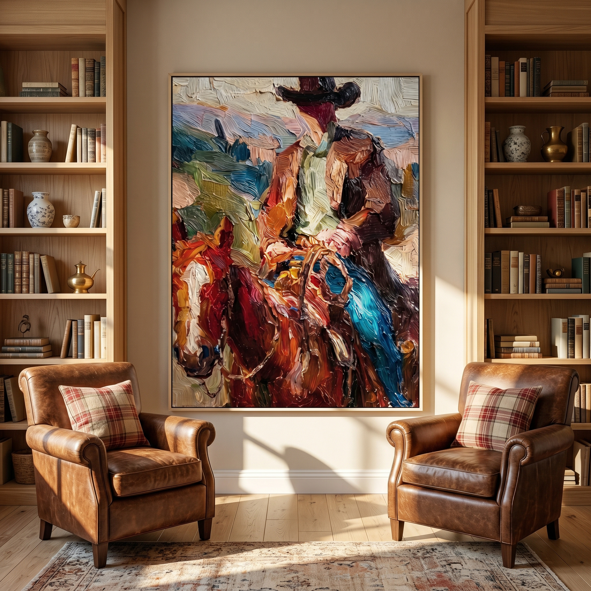 Golden Song – brown and black modern folk art cowboy & cowgirl art, vertical hand-painted canvas art – view 6