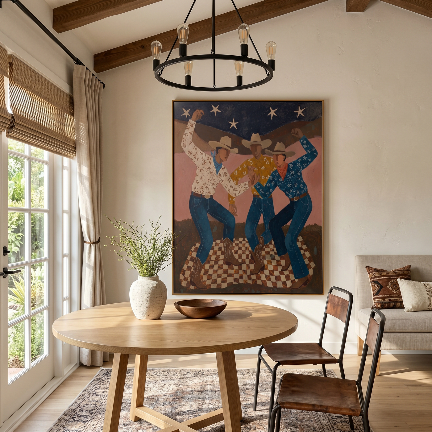 Last Bloom – brown and blue modern folk art cowboy & cowgirl art, vertical hand-painted canvas art – view 2