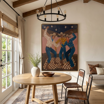 Last Bloom – brown and blue modern folk art cowboy & cowgirl art, vertical hand-painted canvas art – view 2