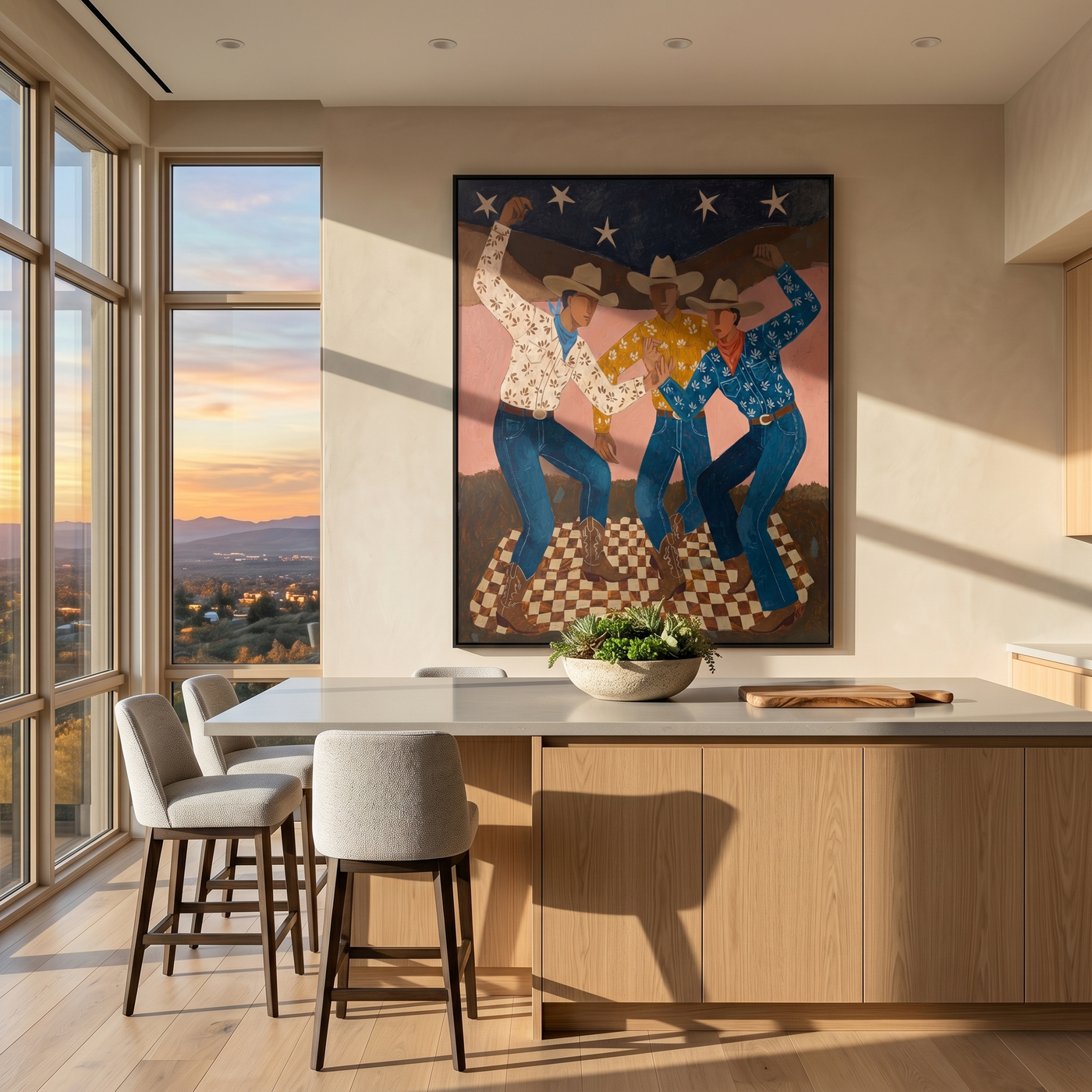 Last Bloom – brown and blue modern folk art cowboy & cowgirl art, vertical hand-painted canvas art – view 3