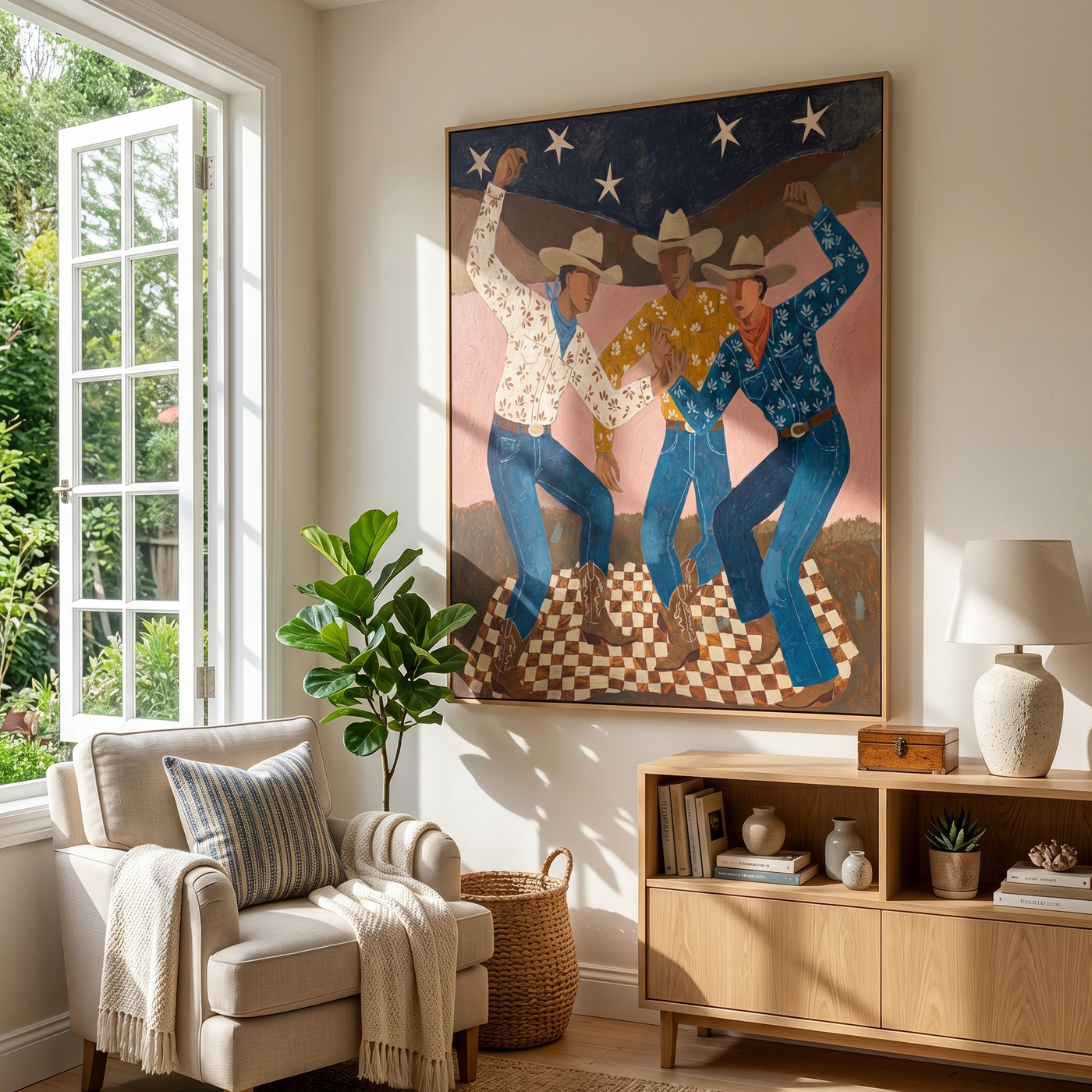 Last Bloom – brown and blue modern folk art cowboy & cowgirl art, vertical hand-painted canvas art – view 4