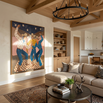 Last Bloom – brown and blue modern folk art cowboy & cowgirl art, vertical hand-painted canvas art – view 5