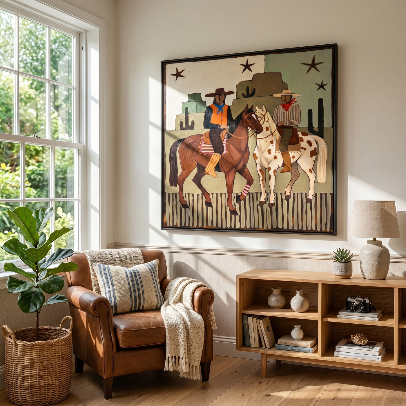 Morning Gallop – brown and gold modern folk art cowboy & cowgirl art, square hand-painted canvas art – view 2