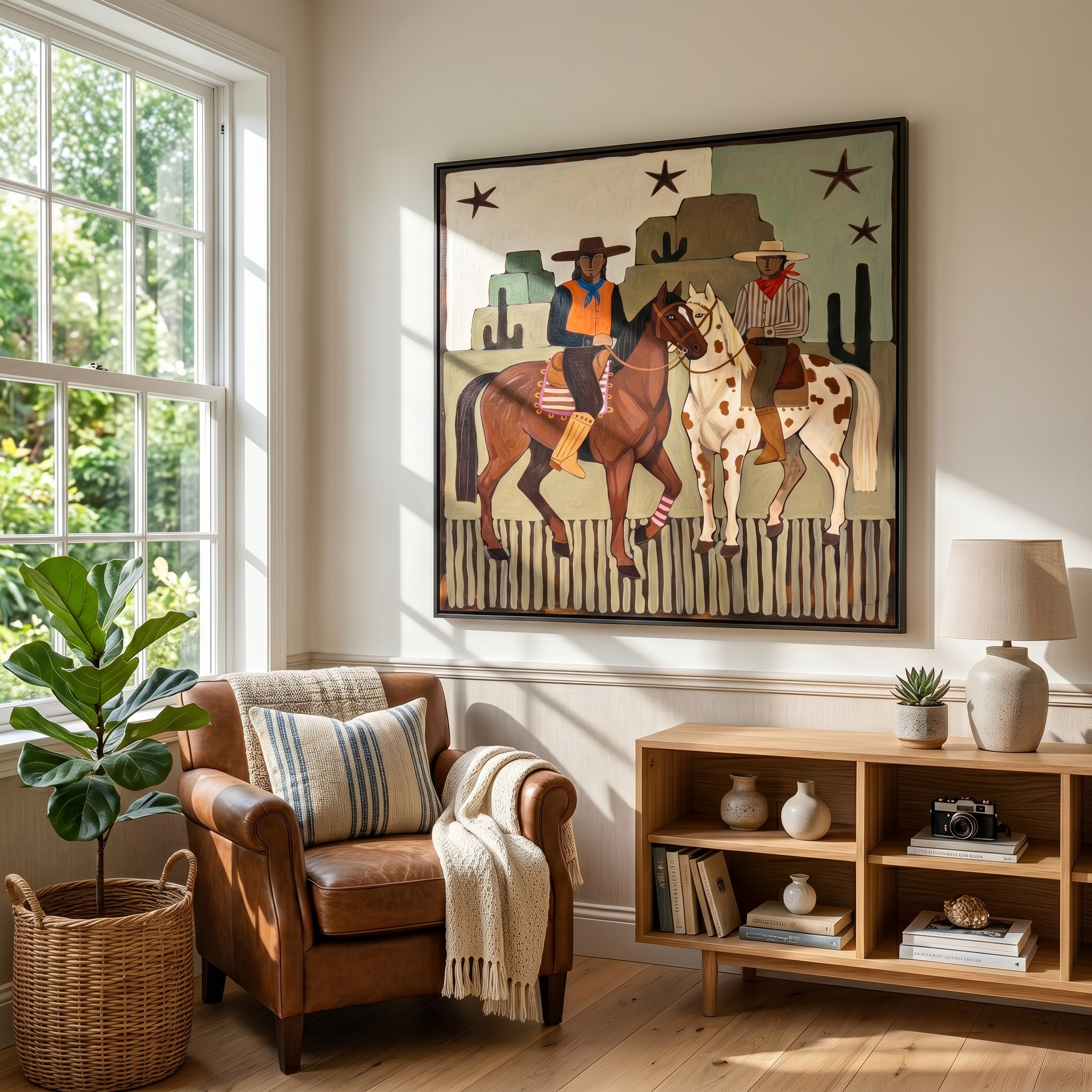Morning Gallop – brown and gold modern folk art cowboy & cowgirl art, square hand-painted canvas art – view 2
