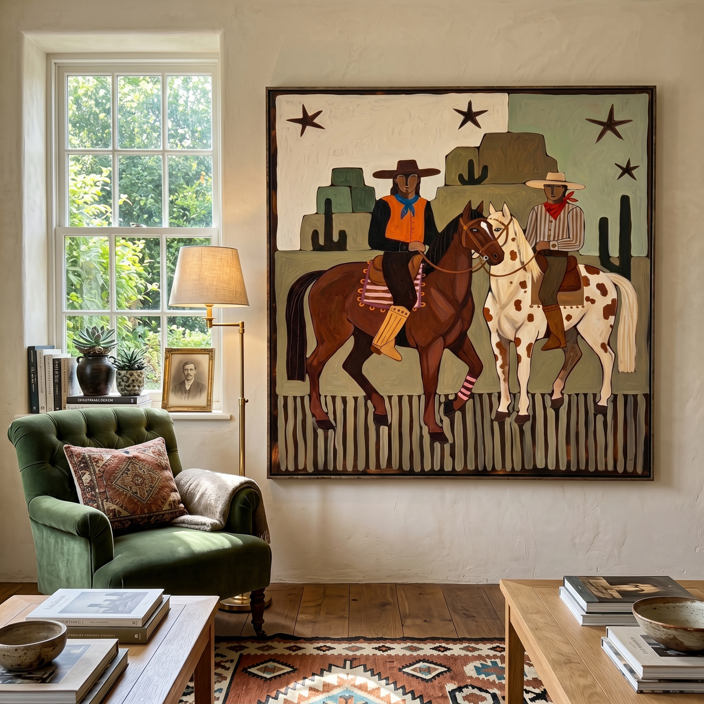 Morning Gallop – brown and gold modern folk art cowboy & cowgirl art, square hand-painted canvas art – view 3