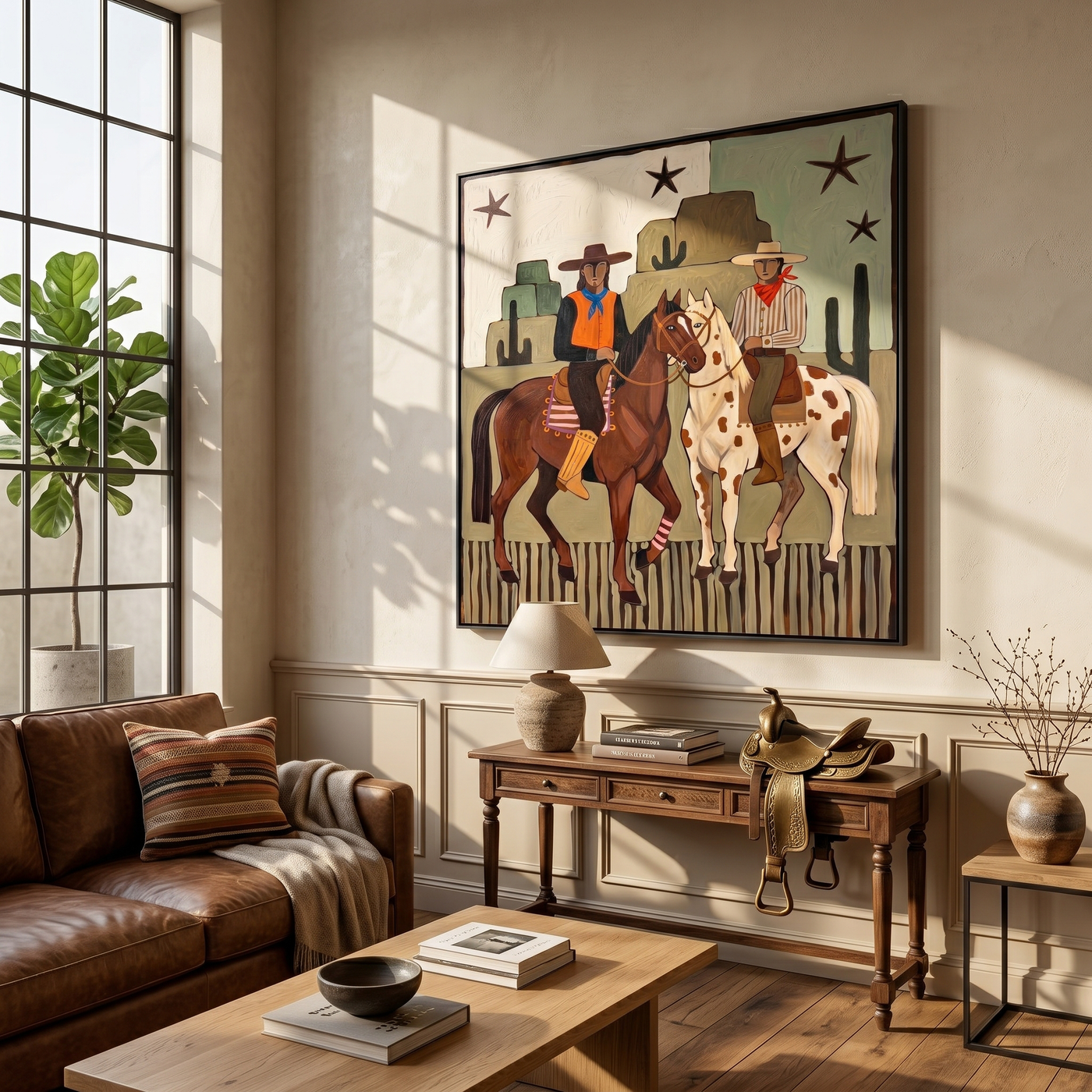 Morning Gallop – brown and gold modern folk art cowboy & cowgirl art, square hand-painted canvas art – view 4