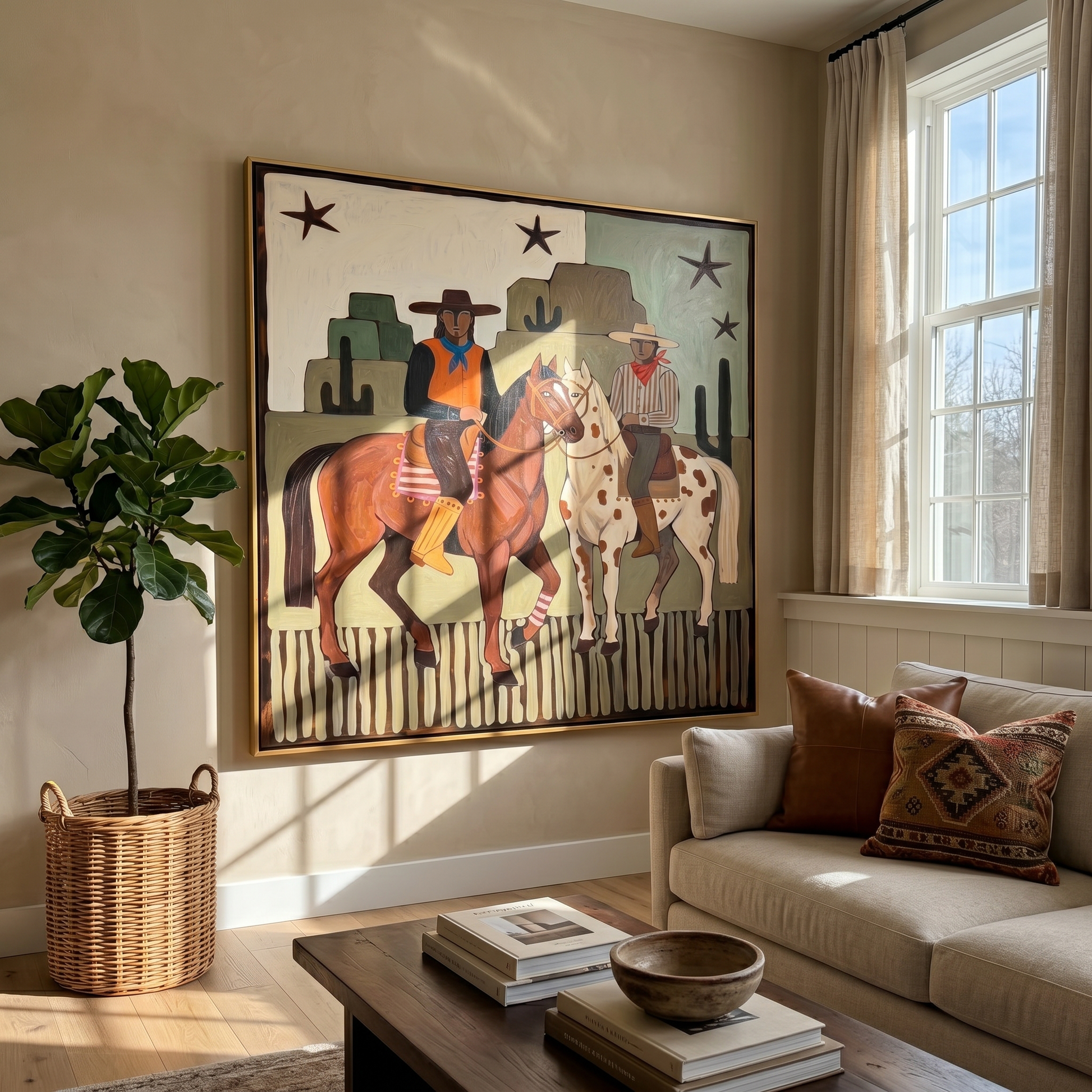 Morning Gallop – brown and gold modern folk art cowboy & cowgirl art, square hand-painted canvas art – view 5