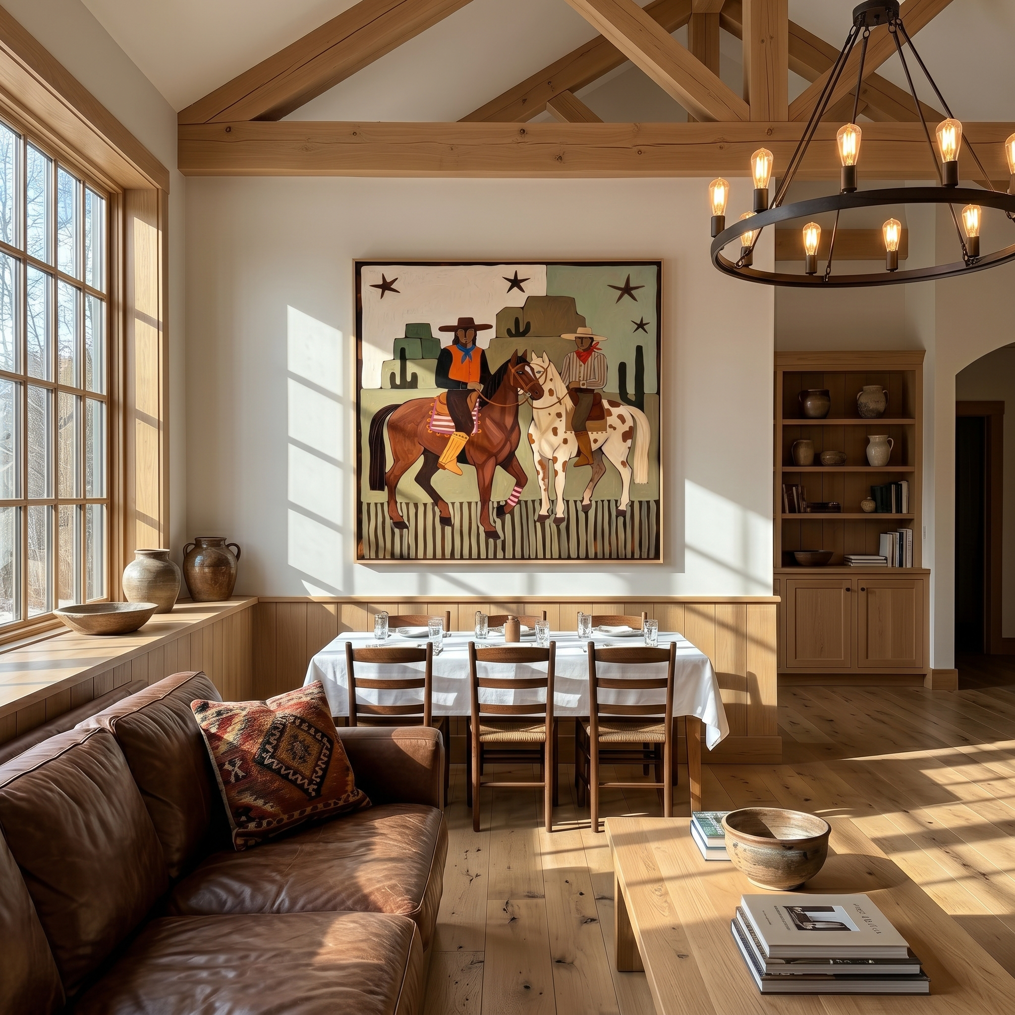 Morning Gallop – brown and gold modern folk art cowboy & cowgirl art, square hand-painted canvas art – view 6