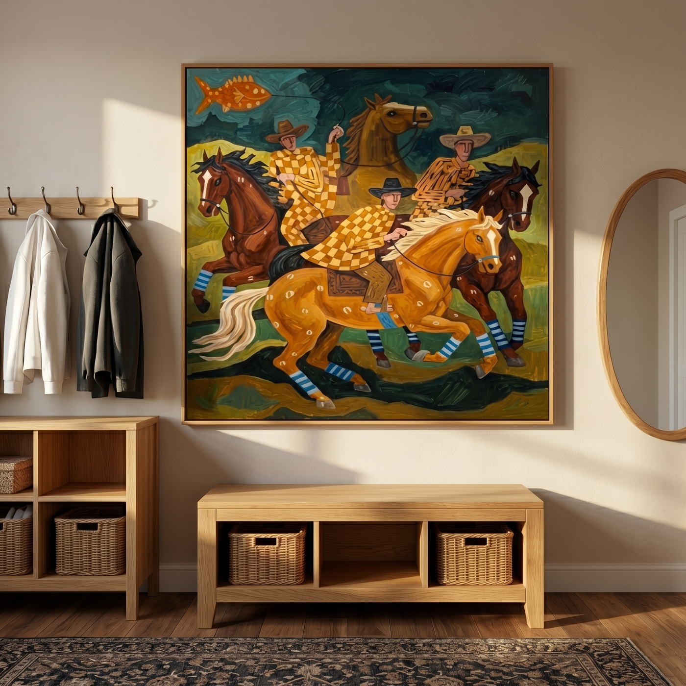 Prairie Muse – brown and black modern folk art cowboy & cowgirl art, square hand-painted canvas art – view 2