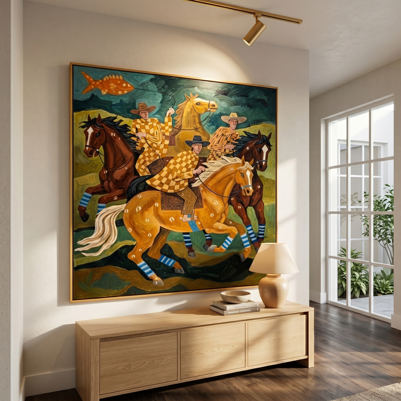 Prairie Muse – brown and black modern folk art cowboy & cowgirl art, square hand-painted canvas art – view 3