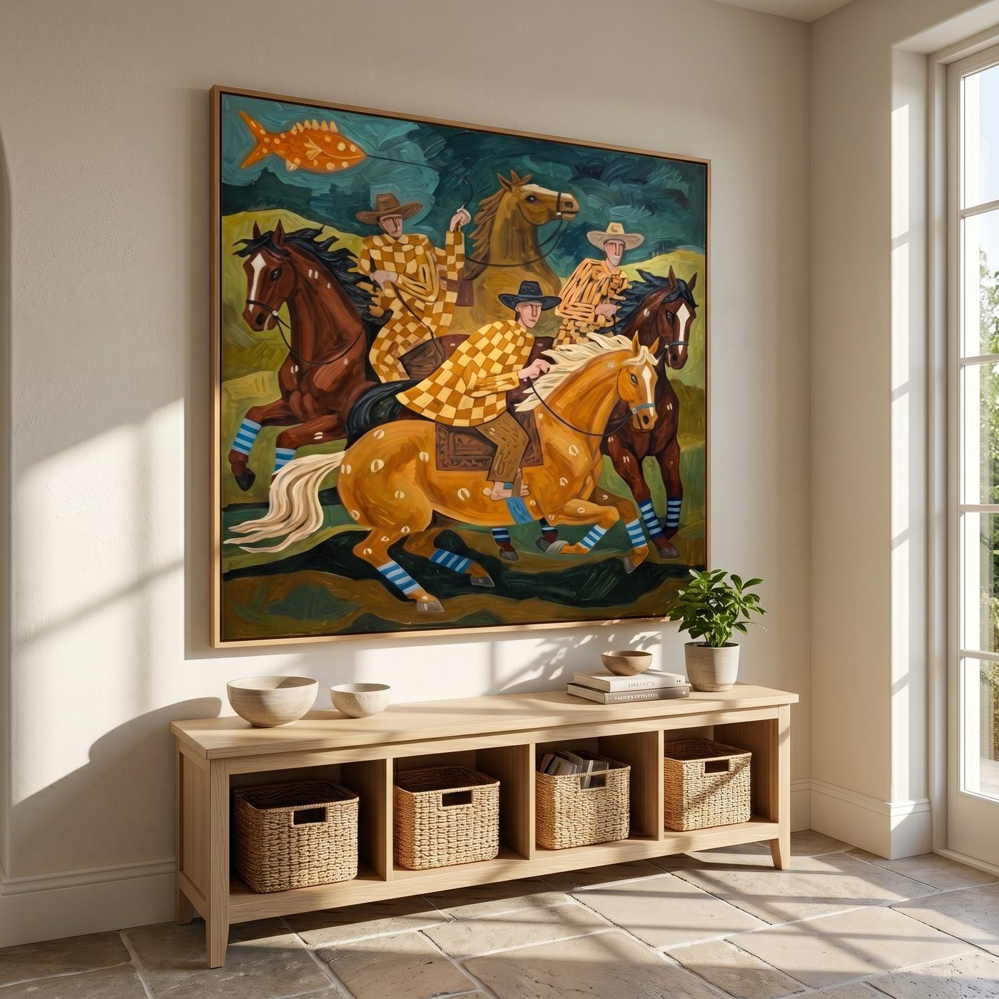 Prairie Muse – brown and black modern folk art cowboy & cowgirl art, square hand-painted canvas art – view 4