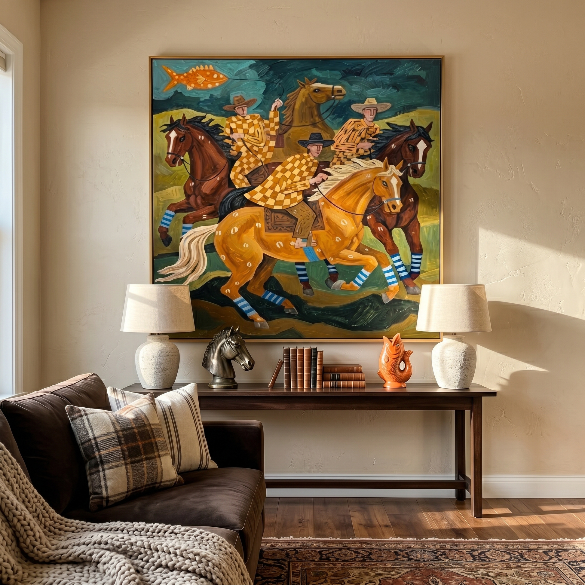 Prairie Muse – brown and black modern folk art cowboy & cowgirl art, square hand-painted canvas art – view 6