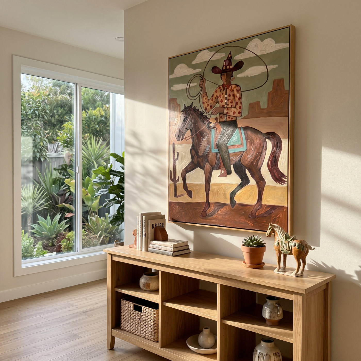 Sage Union – brown and black modern folk art cowboy & cowgirl art, vertical hand-painted canvas art – view 2