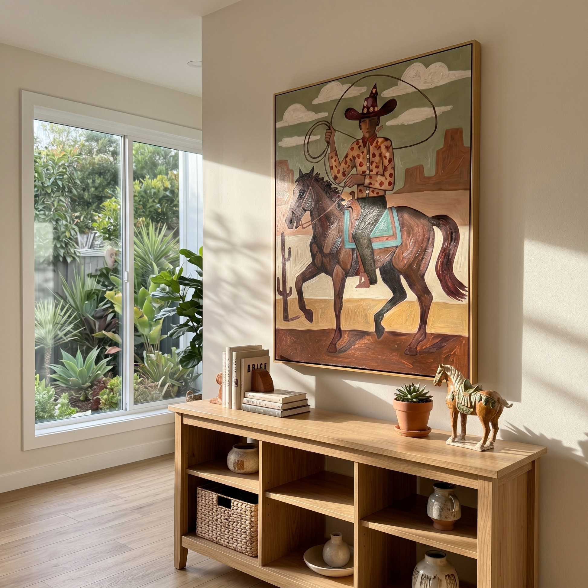 Sage Union – brown and black modern folk art cowboy & cowgirl art, vertical hand-painted canvas art – view 2