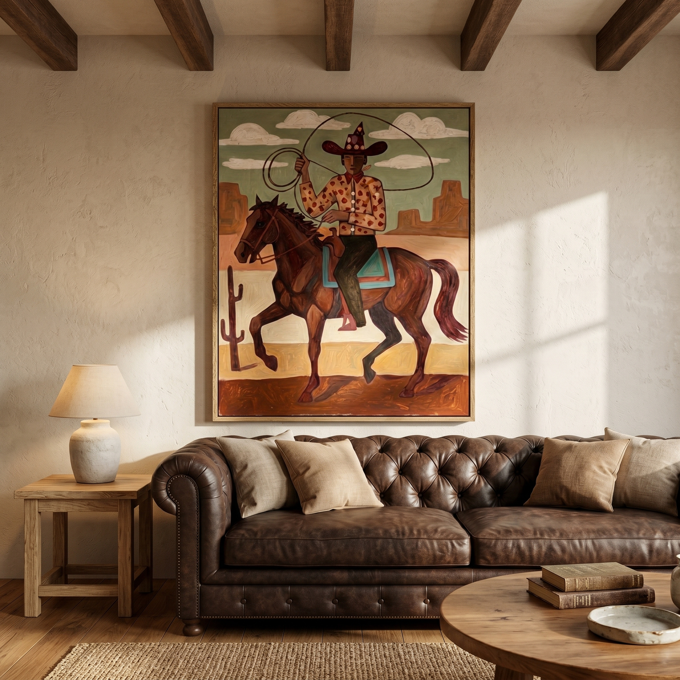 Sage Union – brown and black modern folk art cowboy & cowgirl art, vertical hand-painted canvas art – view 3