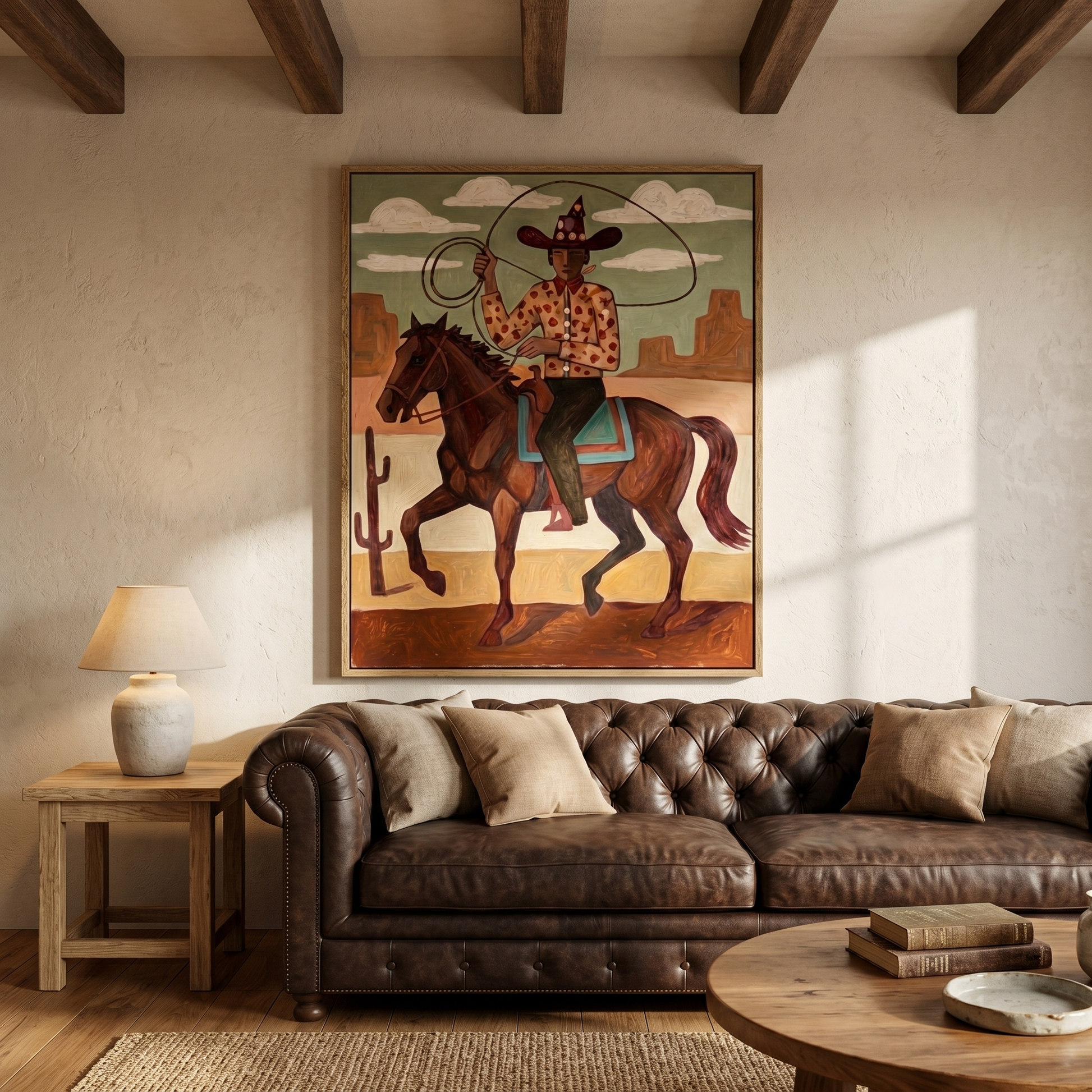 Sage Union – brown and black modern folk art cowboy & cowgirl art, vertical hand-painted canvas art – view 3