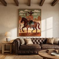 Sage Union – brown and black modern folk art cowboy & cowgirl art, vertical hand-painted canvas art – view 3