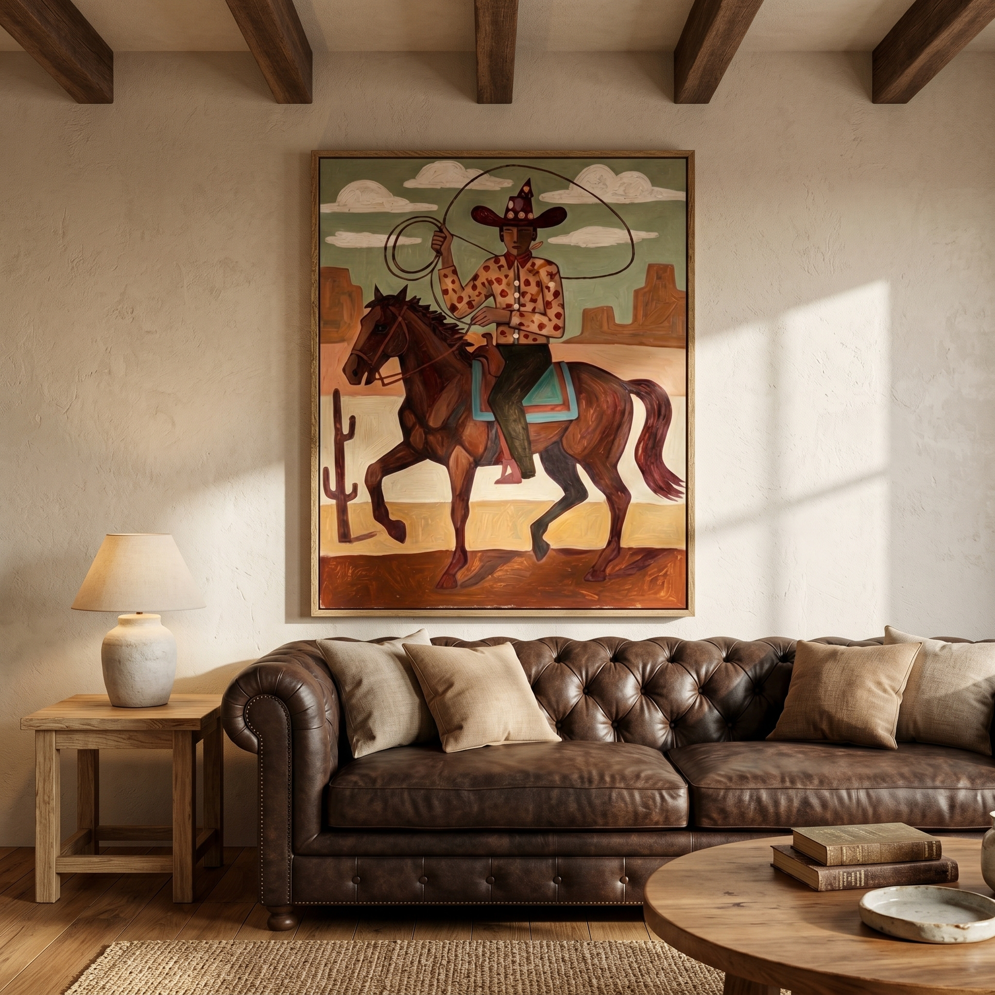 Sage Union – brown and black modern folk art cowboy & cowgirl art, vertical hand-painted canvas art – view 3