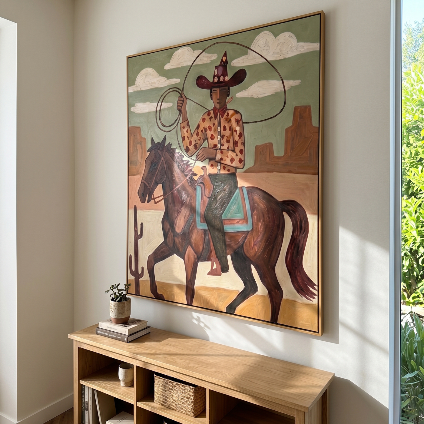 Sage Union – brown and black modern folk art cowboy & cowgirl art, vertical hand-painted canvas art – view 4