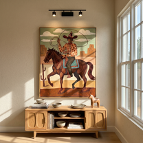 Sage Union – brown and black modern folk art cowboy & cowgirl art, vertical hand-painted canvas art – view 5
