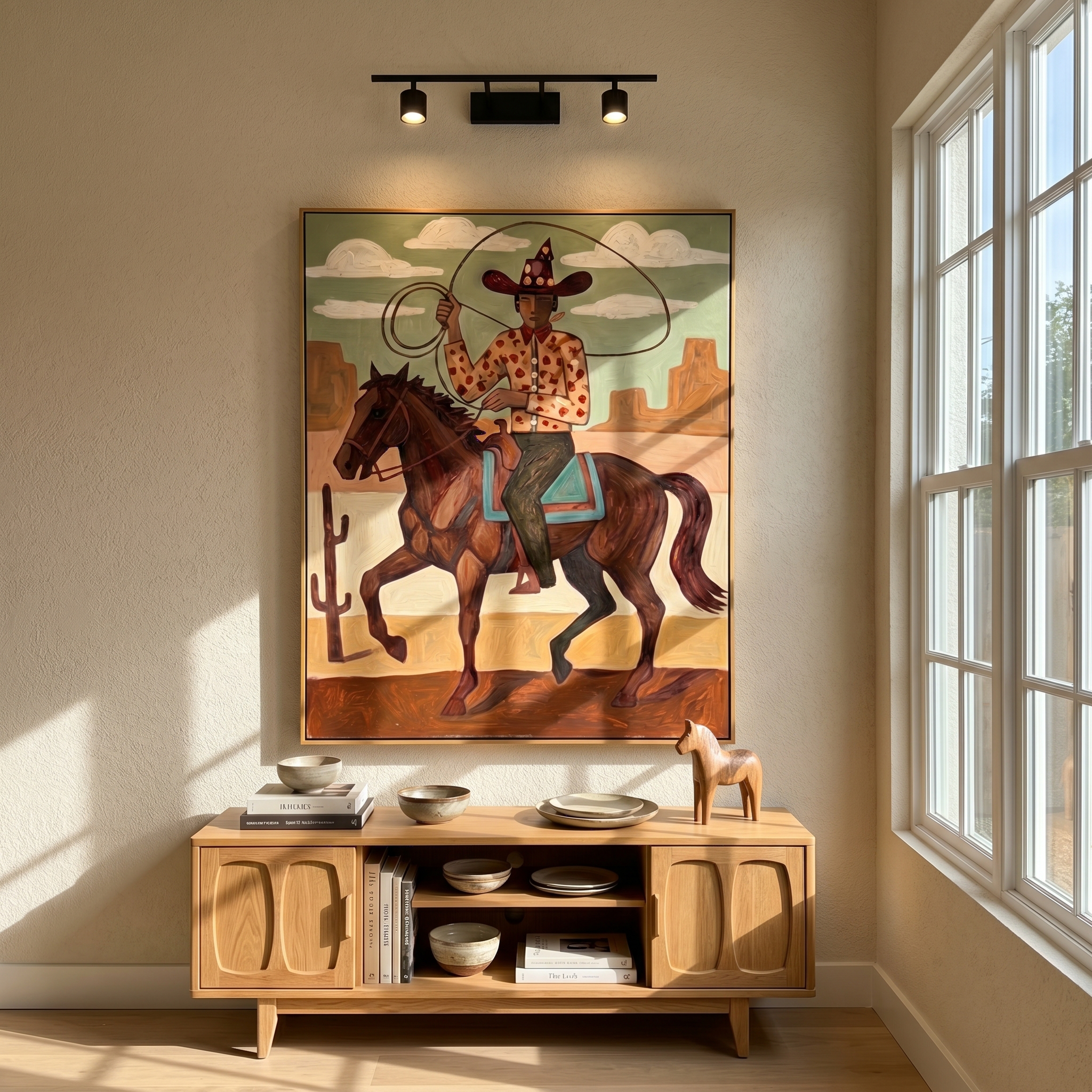 Sage Union – brown and black modern folk art cowboy & cowgirl art, vertical hand-painted canvas art – view 5