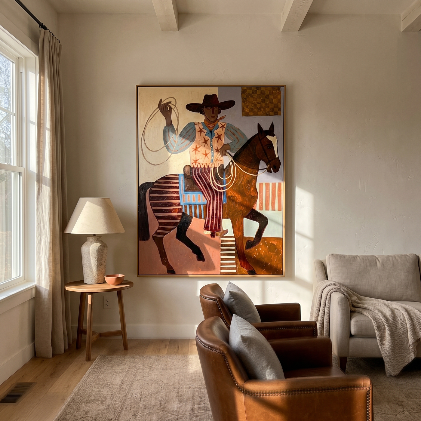 Soft Dance – brown and gray modern folk art cowboy & cowgirl art, vertical hand-painted canvas art – view 2